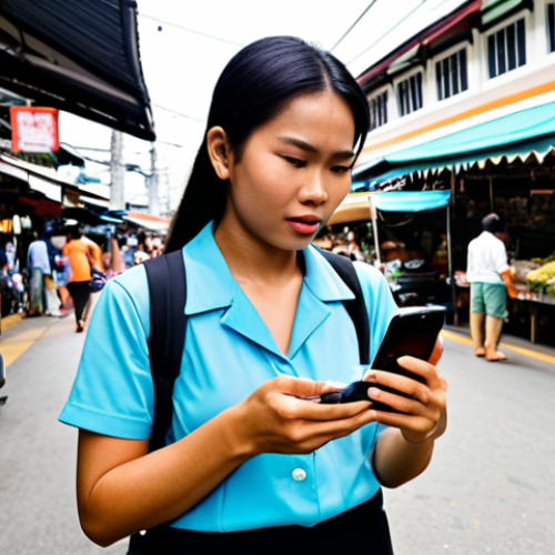**Prompt:** A modern Thai female tour guide confidently using her smartphone in a bustling outdoor market in Bangkok. The phone screen clearly displays a navigation app (like Google Maps) with a route. She is wearing a discreet Bluetooth earpiece, and a portable power bank is visible next to her, symbolizing constant connectivity. The scene should be vibrant and dynamic, capturing the essence of digital efficiency in a Thai context.