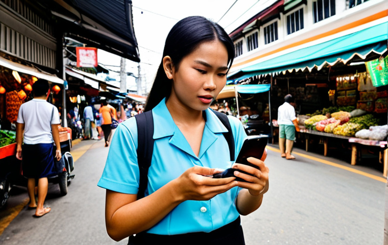 **Prompt:** A modern Thai female tour guide confidently using her smartphone in a bustling outdoor market in Bangkok. The phone screen clearly displays a navigation app (like Google Maps) with a route. She is wearing a discreet Bluetooth earpiece, and a portable power bank is visible next to her, symbolizing constant connectivity. The scene should be vibrant and dynamic, capturing the essence of digital efficiency in a Thai context.