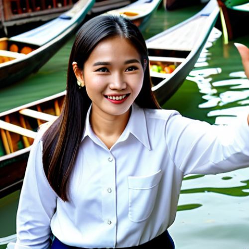 A professional Thai female tour guide, in a modest business uniform, warmly engaging with a diverse group of tourists at a bustling Thai floating market. She is gesturing gracefully towards traditional wooden boats and market stalls, sharing an engaging story about local traditions with a friendly expression. The scene emphasizes authentic Thai cultural elements and the vibrant atmosphere of the market. professional photography, high resolution, detailed, realistic lighting, perfect anatomy, correct proportions, natural pose, well-formed hands, proper finger count, natural body proportions, fully clothed, modest clothing, appropriate attire, professional dress, safe for work, appropriate content, family-friendly.