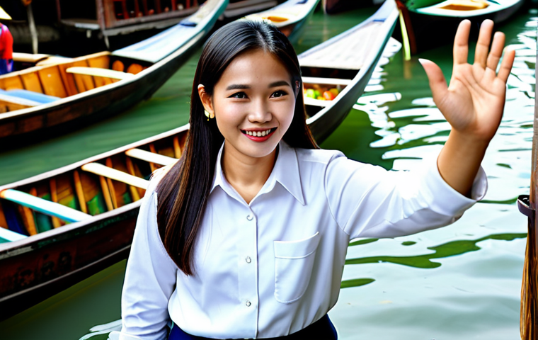 A professional Thai female tour guide, in a modest business uniform, warmly engaging with a diverse group of tourists at a bustling Thai floating market. She is gesturing gracefully towards traditional wooden boats and market stalls, sharing an engaging story about local traditions with a friendly expression. The scene emphasizes authentic Thai cultural elements and the vibrant atmosphere of the market. professional photography, high resolution, detailed, realistic lighting, perfect anatomy, correct proportions, natural pose, well-formed hands, proper finger count, natural body proportions, fully clothed, modest clothing, appropriate attire, professional dress, safe for work, appropriate content, family-friendly.