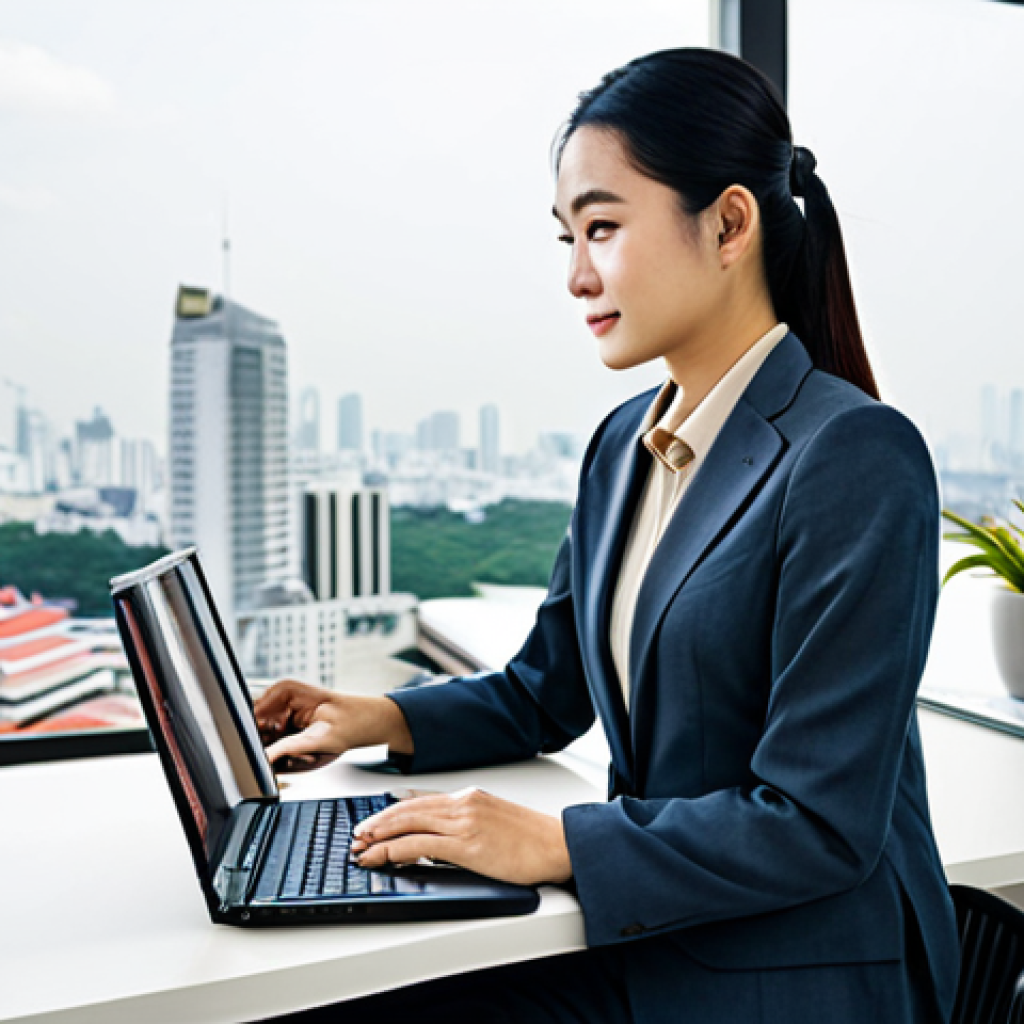 관광통역안내사 실무 경험에서 얻은 교훈 - **Subject:** A professional Thai businesswoman in a modern office.
* **Clothing:** A tailored...