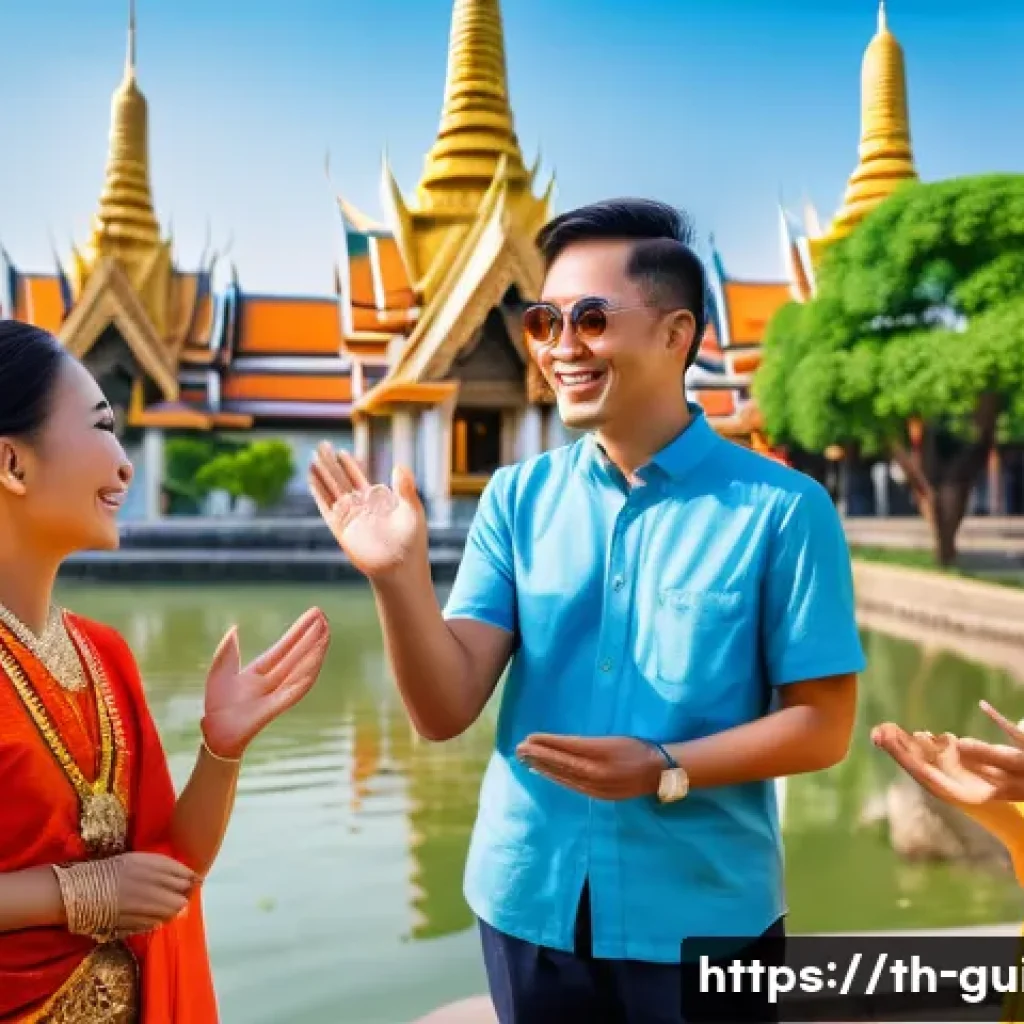 관광통역안내사 실무에서 유용한 표현 정리 - A professional Thai tour guide warmly greeting a diverse group of international tourists at a sunny ...