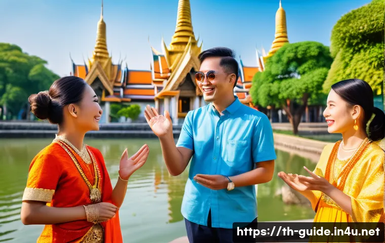관광통역안내사 실무에서 유용한 표현 정리 - A professional Thai tour guide warmly greeting a diverse group of international tourists at a sunny ...