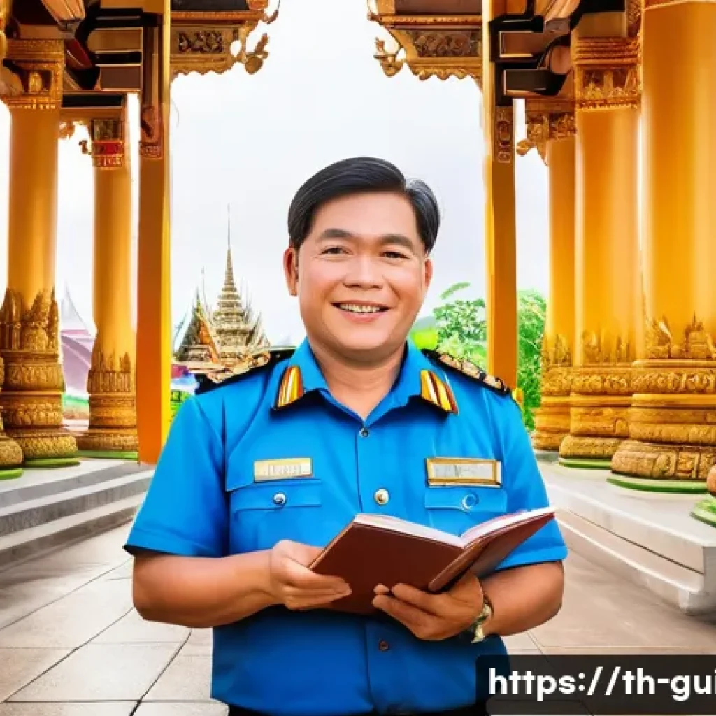 관광통역안내사 현장 노하우 - A professional Thai tour guide standing confidently in front of a famous cultural landmark in Thaila...