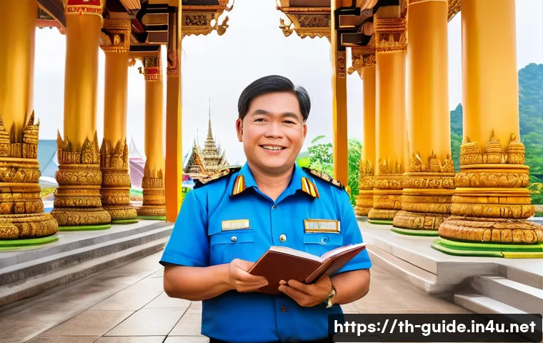 관광통역안내사 현장 노하우 - A professional Thai tour guide standing confidently in front of a famous cultural landmark in Thaila...