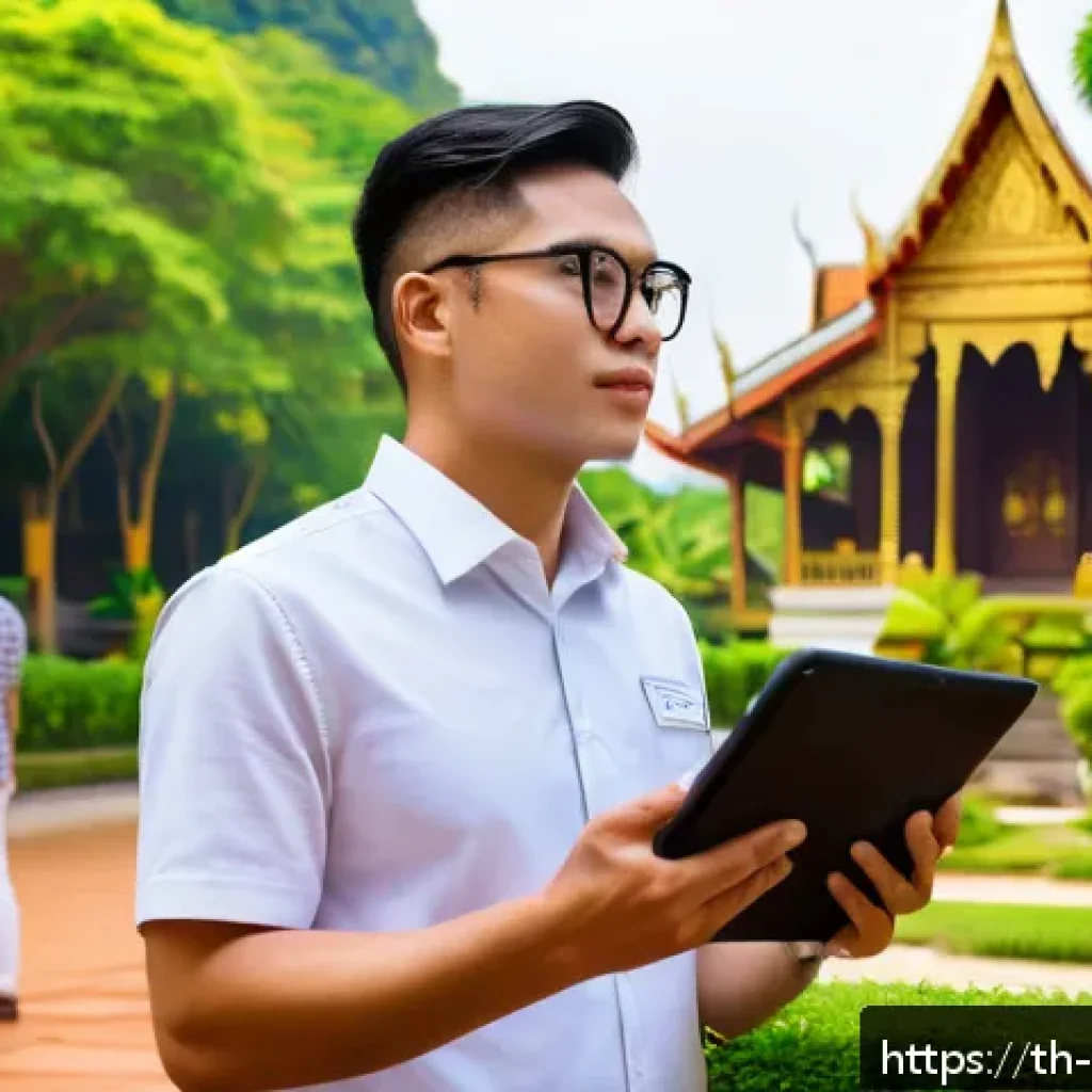 관광통역안내사 시험 합격률 분석 - A professional Thai tour guide interpreter standing confidently in front of a famous Thai temple com...
