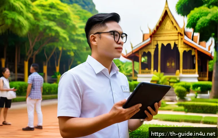 관광통역안내사 시험 합격률 분석 - A professional Thai tour guide interpreter standing confidently in front of a famous Thai temple com...