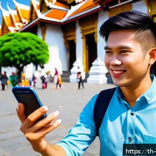 Home 32 관광통역안내사 경력개발 방법 - A professional Thai tour guide using a modern smartphone with translation apps and social media icon...