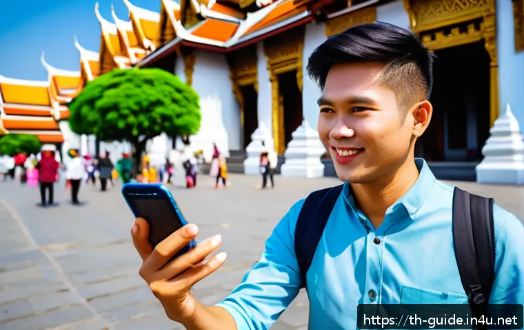 관광통역안내사 경력개발 방법 - A professional Thai tour guide using a modern smartphone with translation apps and social media icon...