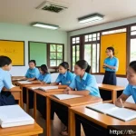 Home 19 관광통역안내사 교육기관 비교 분석 - A modern classroom setting in Thailand with a diverse group of adult students attentively learning t...