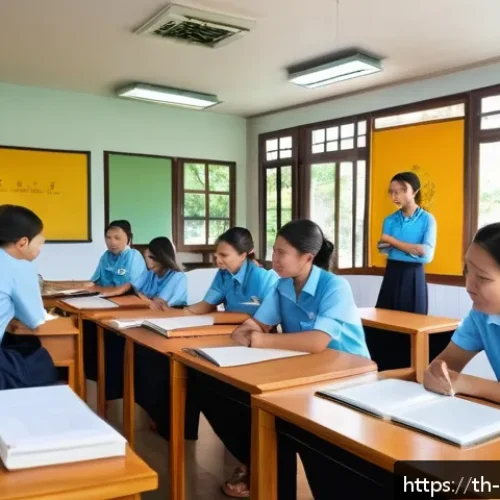Home 31 관광통역안내사 교육기관 비교 분석 - A modern classroom setting in Thailand with a diverse group of adult students attentively learning t...
