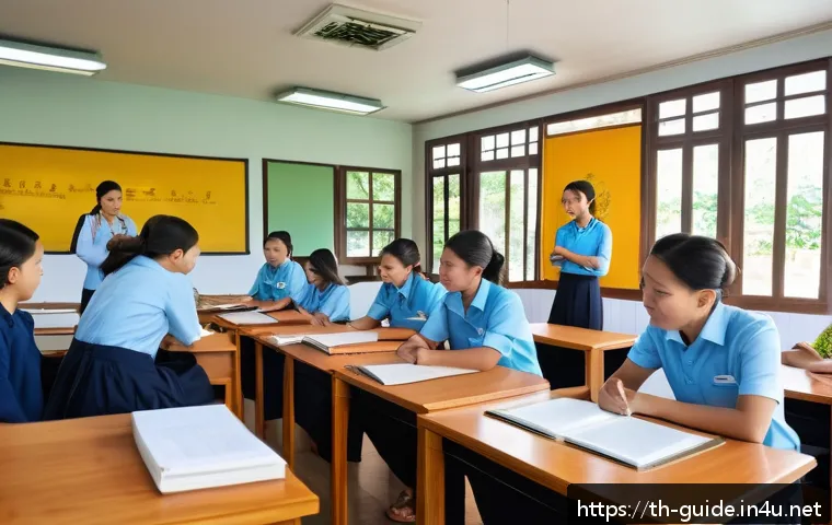 관광통역안내사 교육기관 비교 분석 - A modern classroom setting in Thailand with a diverse group of adult students attentively learning t...