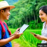 Home 18 관광통역안내사 고객 후기 및 피드백 관리법 - A professional Thai tour guide attentively communicating with a diverse group of tourists during a s...