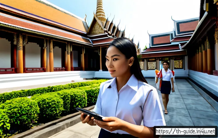 관광통역안내사 직업으로서의 성장 가능성 - Photorealistic career-growth scene of a confident Thai female tourist guide in modest professional u...